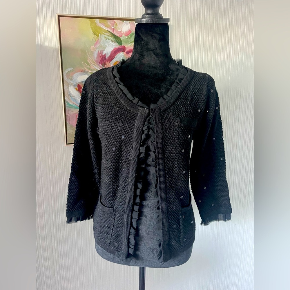 Colleen Lopez embellished cardigan black with sequins, ruffles sparkly XS